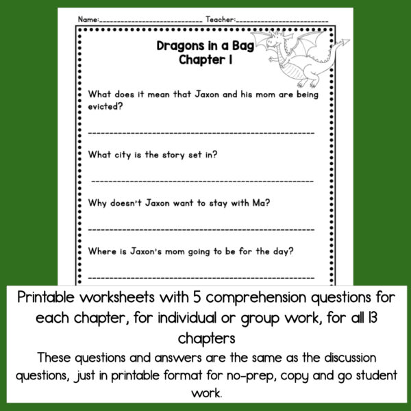 Screenshot of Dragons in a Bag Chapter 1 printable worksheet. Footer reads Printable worksheets with 5 comprehension questions for each chapter, for individual or group work, for all 13 chapters.