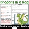 Dragons in a Bag title text on top, Reading Comprehension Questions text below. Screenshot of questions and questions with answers behind dragon and book illustration.