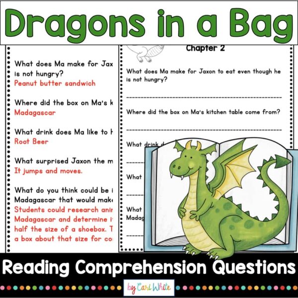 Dragons in a Bag title text on top, Reading Comprehension Questions text below. Screenshot of questions and questions with answers behind dragon and book illustration.
