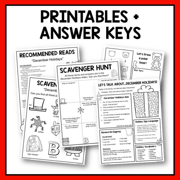 Screenshots of Easier & Harder Scavenger Hunt printables with Answer Key below Part II - Scavenger Hunts title. Footer reads Keep students engaged during checkout! All images and answers to the questions appear in Part II of the presentation.