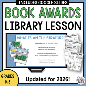 What is an Illustrator slide on monitor with printable Recommended Reads & Scavenger Hunt and text: Grades K-5, Updated for 2026.