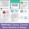 PRINTABLE Library Center Menu Booklets & Badges title. Overlapping screenshots of booklet pages for 2nd & 3rd Grade Library Centers Tracker & Menu.