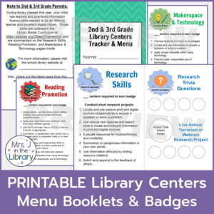 PRINTABLE Library Center Menu Booklets & Badges title. Overlapping screenshots of booklet pages for 2nd & 3rd Grade Library Centers Tracker & Menu.