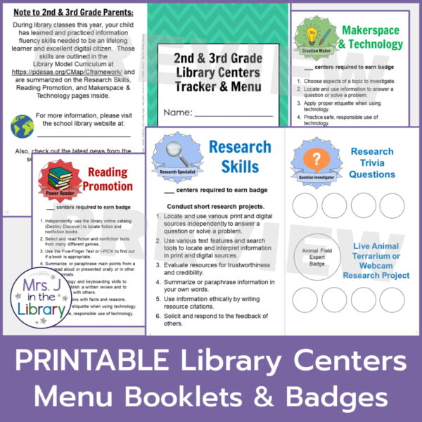PRINTABLE Library Center Menu Booklets & Badges title. Overlapping screenshots of booklet pages for 2nd & 3rd Grade Library Centers Tracker & Menu.