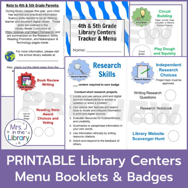 PRINTABLE Library Center Menu Booklets & Badges title. Overlapping screenshots of booklet pages for 4th & 5th Grade Library Centers Tracker & Menu.
