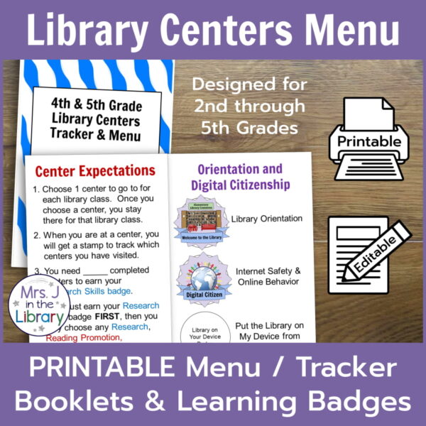 Library Centers Menu title, PRINTABLE Menu / Tracker Booklets & Learning Badges footer. Screenshots of booklet cover and inside pages.