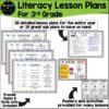 Literacy Lesson Plans for 3rd Grade title above screenshots of lesson plans, posters, activities, and planning sheets with book lists. Text box reads 36 detailed lesson plans for the entire year or 36 great sub plans to have on hand. 9-week Topics & Book Lists Included.