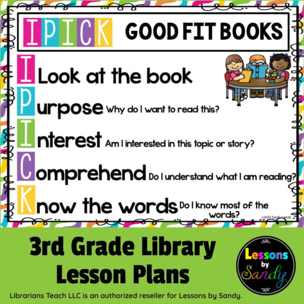 3rd Grade Library Lesson Plans title. Screenshot of I PICK Good Fit Books poster.