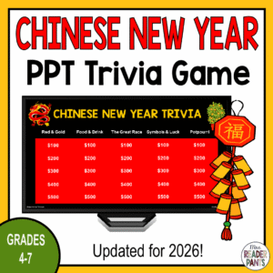 Trivia Game slide on computer monitor with text: Grades 4-7 and Updated for 2026!