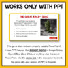 Works Only with PPT title above screenshot of The Great Race slide. Footer reads This game does not work properly outside Power Point!