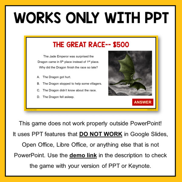 Works Only with PPT title above screenshot of The Great Race slide. Footer reads This game does not work properly outside Power Point!
