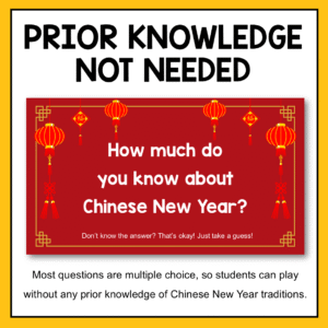 Prior Knowledge Not Needed title above screenshot of How much do you know about Chinese New Year slide. Most questions are multiple choice, so students can play without any prior knowledge of Chinese New Year traditions, footer.