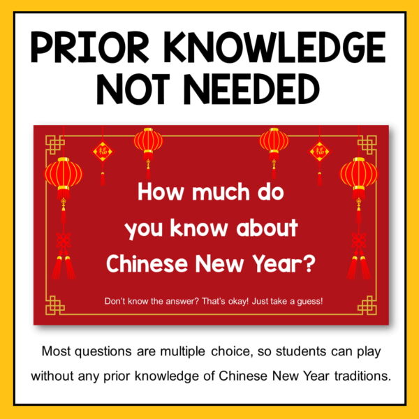 Prior Knowledge Not Needed title above screenshot of How much do you know about Chinese New Year slide. Most questions are multiple choice, so students can play without any prior knowledge of Chinese New Year traditions, footer.