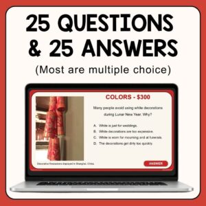 Colors question slide on laptop with text: 25 questions and 25 answers; Most are multiple choice.