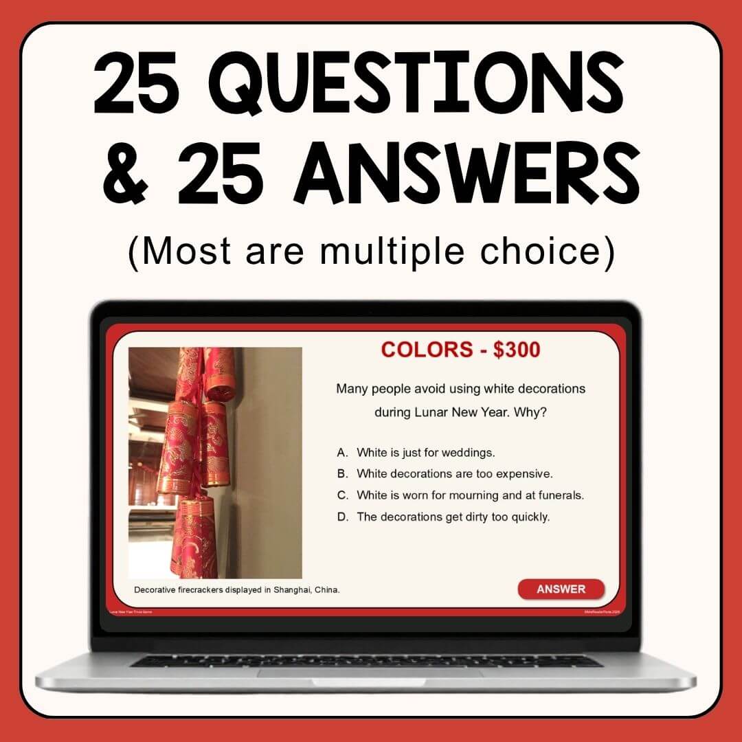 Colors question slide on laptop with text: 25 questions and 25 answers; Most are multiple choice.