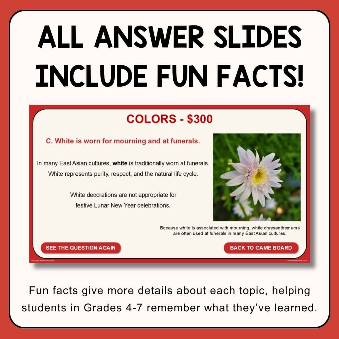 Colors question slide with text: Fun facts give more details about each story, helping student in grades 4-7 remember what they've learned.