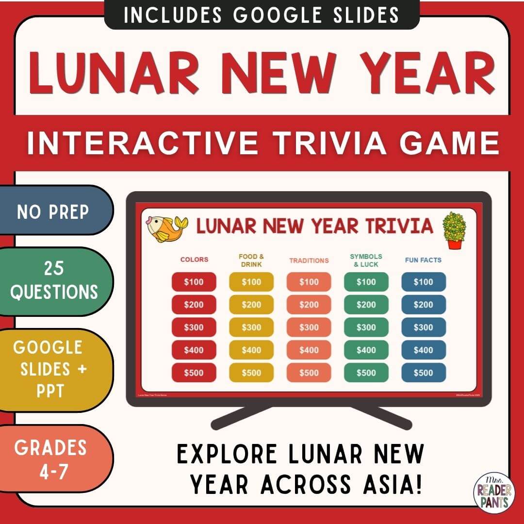 Game slide on monitor with text: No prep, 25 questions, Google Slides and PowerPoint, grades 4-7; Explore Lunar New Year across Asia.