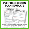 Pre-filled Lesson Plan Template title with 2 screenshots of lesson plan pages. Includes a pre-filled, editable lesson plan template for this library lesson. AASL, TEKS, and CC standards are all included on the lesson plan, footer text.