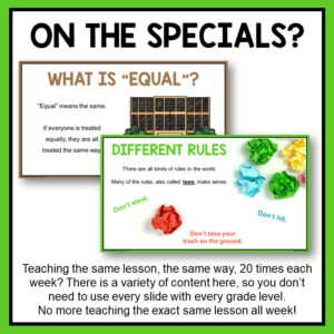 Screenshot of What is Equal & Different Rules slides with On the Specials title. Footer reads Teaching the same lesson, the same way, 20 times each week? There is a variety of content here, so you don't need to use every slide with every grade level.