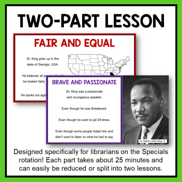Screenshots of Fair and Equal & Brave and Passionate slides below Two-Part Lesson title. Designed specifically for librarians on the Specials rotation! Each part takes about 25 minutes and can easily be reduced or split into two lessons footer.