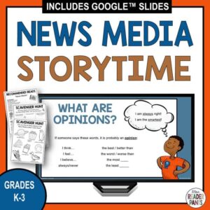Opinions slide with printable scavenger hunts and recommended reads book list, and text: Grades K-3.