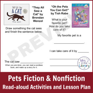 Activity booklet screenshot of Pet-themed Printable Read-aloud and Research Unit. Caption reads Pets Fiction and Nonfiction Read-aloud Activities and Lesson Plan.