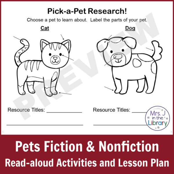 Research activity screenshot of Pet-themed Printable Read-aloud and Research Unit. Caption reads Pets Fiction and Nonfiction Read-aloud Activities and Lesson Plan.