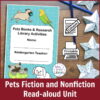 Cover image of pets theme booklet on a wood background with silver stars and icons reading Printable and Editable; caption reads Pets Fiction and Nonfiction Read-aloud Unit.