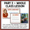 Part I - Whole Class Lesson title above screenshots of Sign Language & Acorns slides. Footer reads Part I includes sign language ("autumn/fall"), an autumn song, and fun facts about multiple objects commonly-associated with autumn.