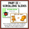 Part II - Scrolling Slides title above screenshots of Autumn Idiom & This or That slides. Footer reads Part II includes fun facts, trivia, vocabulary, autumn idioms, and would-you-rathers. All slides in Part II relate to autumn.
