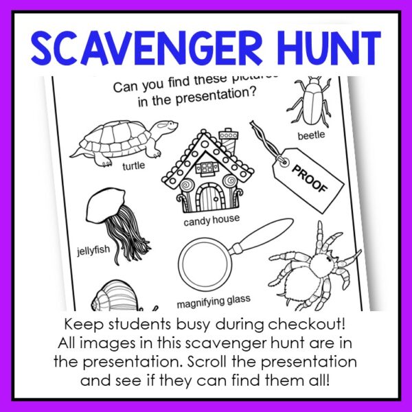 Scavenger Hunt title above screenshot of Scavenger Hunt printable. Footer reads Keep students busy during checkout! All images in this scavenger hunt are in the presentation. Scroll the presentation and see if they can find them all!