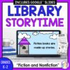 Library Storytime title above screenshot of Fiction slide on laptop screen with Recommended Reads & Scavenger Hunt printables on right side. Grades K-2 Fiction and Nonfiction text in footer.