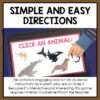 Simple and Easy Directions title text above photo of Click An Animal slide on table screen. Footer reads This activity is engaging and fun for students! Instructions for student play are on Slide 1.