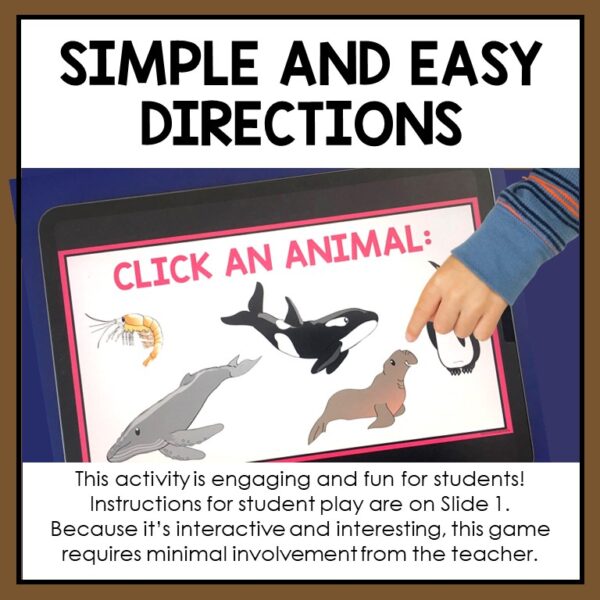 Simple and Easy Directions title text above photo of Click An Animal slide on table screen. Footer reads This activity is engaging and fun for students! Instructions for student play are on Slide 1.