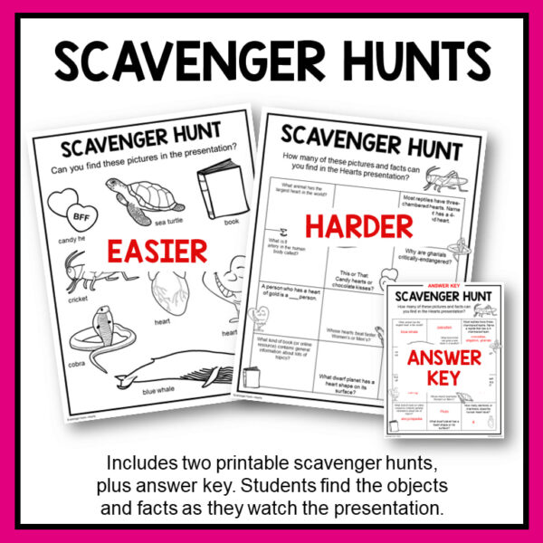 Scavenger Hunts title above screenshots of Easier & Harder Scavenger Hunt printables and Answer Key. Footer reads Includes two printable scavenger hunts, plus answer key. Students find the objects and facts as they watch the presentation.