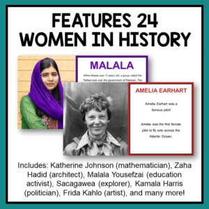 Features 24 Women in History title text above screenshots of 2 slides about Malala and Amelia Earhart. Footer reads Includes: Katherine Johnson (mathematician ), Zaha Hadid (architect), Malala Yousefzai (education activist), Sacagawea (explorer), Kamala Harris (politician), Frida Kahlo (artist), and many more!