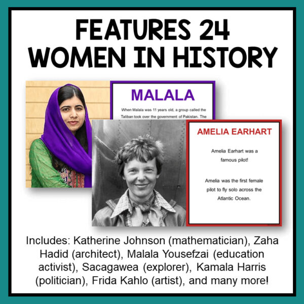 Features 24 Women in History title text above screenshots of 2 slides about Malala and Amelia Earhart. Footer reads Includes: Katherine Johnson (mathematician ), Zaha Hadid (architect), Malala Yousefzai (education activist), Sacagawea (explorer), Kamala Harris (politician), Frida Kahlo (artist), and many more!