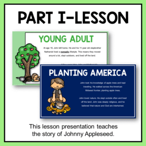 Planting America and young adult life slides with text: Part 1 - Lesson; This lesson presentation teaches the story of Johnny Appleseed.