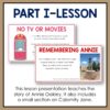 Screenshots of No TV or Movies & Remembering Annie slides below Part I - Lesson title text. Footer reads this lesson presentation teaches the story of Annie Oakley. It also includes a small section on Calamity Jane.