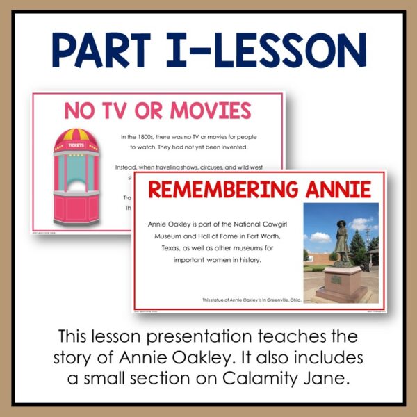 Screenshots of No TV or Movies & Remembering Annie slides below Part I - Lesson title text. Footer reads this lesson presentation teaches the story of Annie Oakley. It also includes a small section on Calamity Jane.