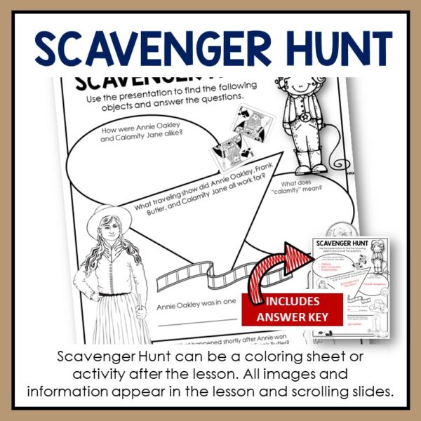 Screenshot of Scavenger Hunt printable with thumbnail image of answer key. Footer reads Scavenger Hunt can be a coloring sheet or activity after the lesson. All images and information appear in the lesson and scrolling slides.