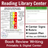 Reading Library Center text along top, Book Review Writing Printable & Digital Center text along bottom. Screenshot of Self-Check and Peer Feedback printable and Google Form.