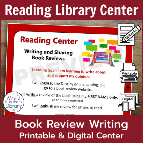 Reading Library Center text along top, Book Review Writing Printable & Digital Center text along bottom. Screenshot of Reading Center sign.