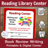 Photo of Reading Center sign below Reading Library Center title text. Footer reads Book Review Writing Printable & Digital Center.