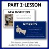 Screenshots of New Invention and Worries slides below Part I - Lesson title text. Footer text reads This lesson presentation tells students the story of John Henry.