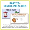 Screenshots of This or That and Trivia Question slides below Part II - Scrolling Slides title text. Footer reads the Scrolling Slides help extend your lesson on Johnny Appleseed. Play these during and after checkout, or move them into the lesson to extend it.
