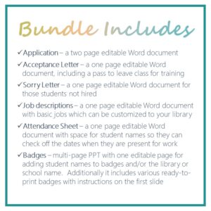 Bundle Includes heading with list of items and description. Items include application, acceptance letter, sorry letter, job descriptions, attendance sheet, and badges.