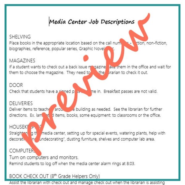 Media Center Job Descriptions heading with list of activities and explanation. Jobs include shelving, magazines, door, deliveries, housekeeping, computers, and book check out.