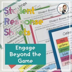 Photo of Library Jenga printables. Student Response Sheets and Engage Beyond the Game text superimposed.