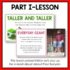 Screenshots of Taller and Taller and Everyday Giant slides below Part I - Lesson title text. Footer reads this lesson presentation sets you up for a read-aloud about Paul Bunyan.